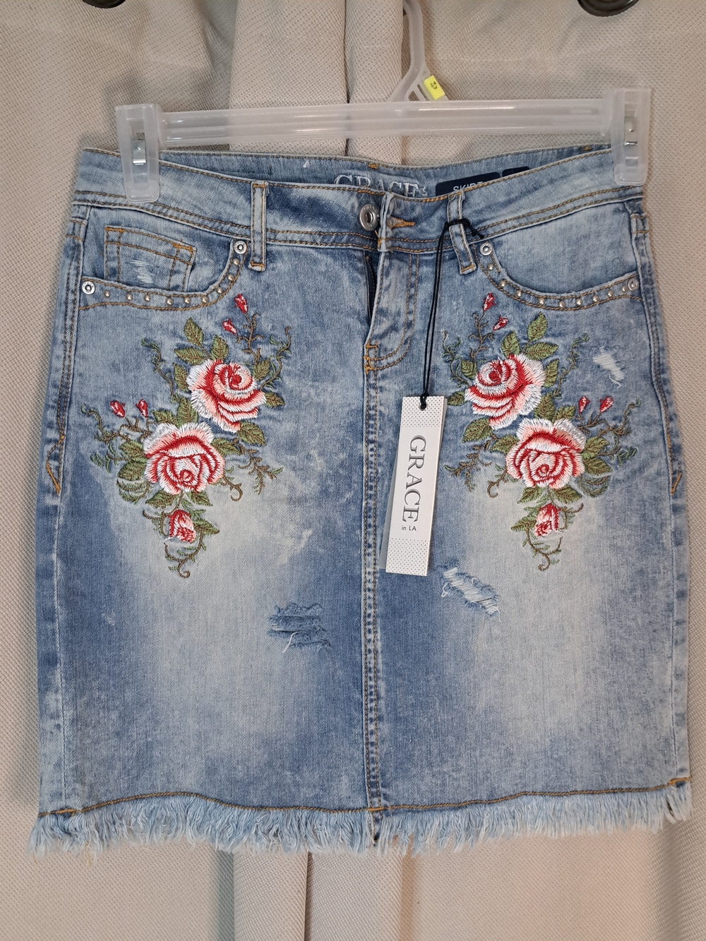 Grace Denim Embroidered Rose Mini Skirt - Light Blue